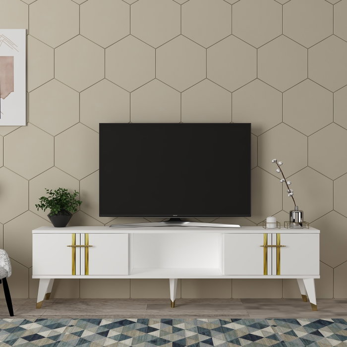 Hanah Home Soporte para televisor Asel - Blanco y Oro Hanah Home Soporte para televisor Asel - Blanco y Oro